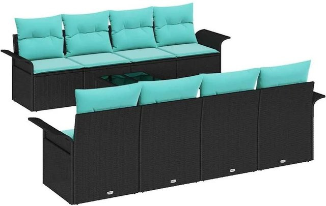 vidaXL Gartensofa-Set aus Poly-Rattan mit 9 Kissen in Schwarz und Türkis - Bild 1