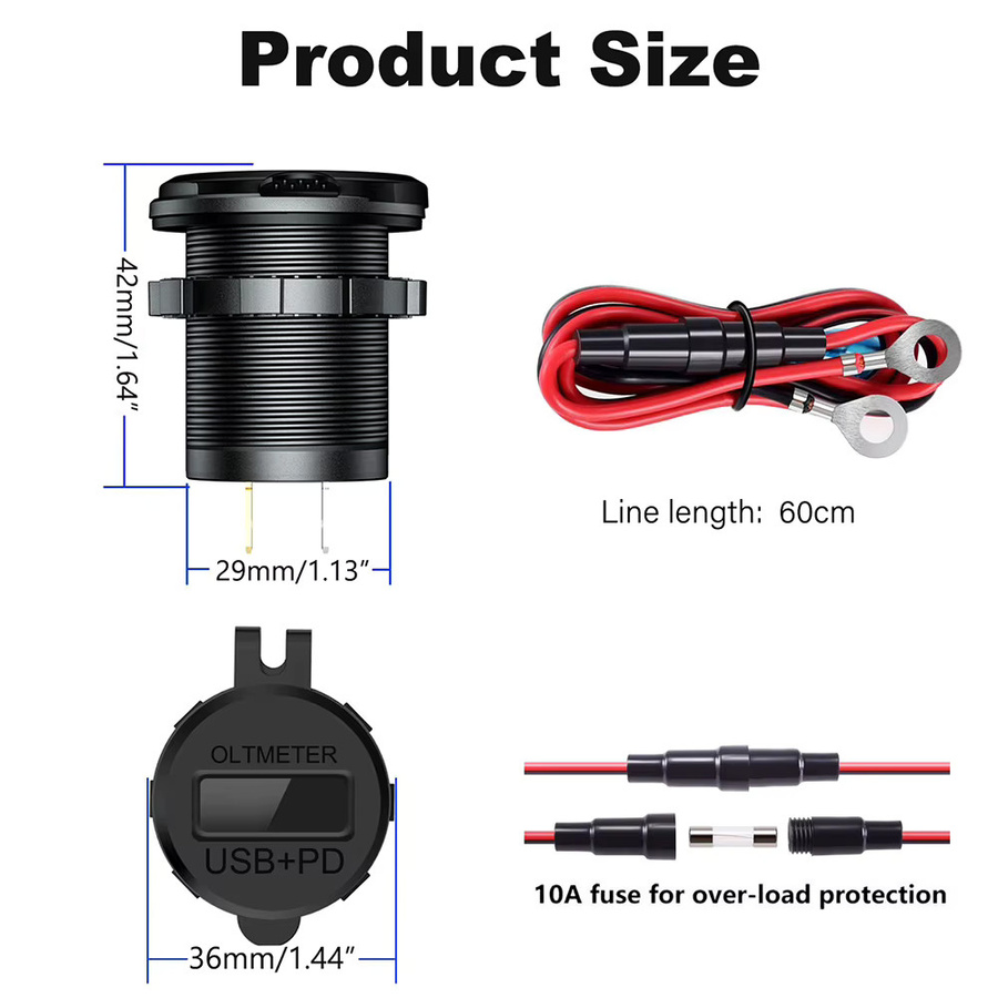 EARU USB C Auto Ladegerät 12V/24V mit Dual USB-Buchse PD 3.0 und QC 3.0, LED-Voltmeter und Ein/Aus-Schalter, Schwarz - Bild 4