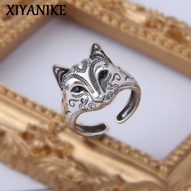 XIYANIKE Ring, Vintage, Silber, Katze-konfrontiert Fuchs, Unisex - Bild 1