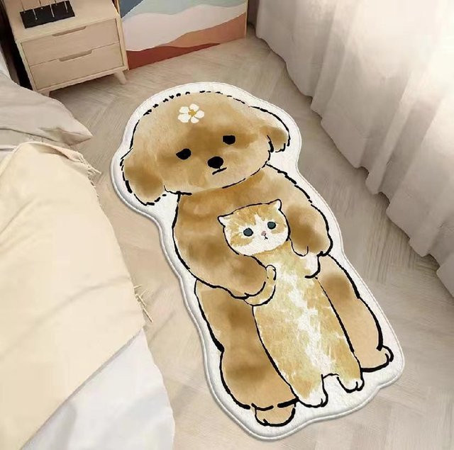 Rutschfeste Bodenmatte mit Cartoon-Katzen-Design aus Imitations-Kaschmir in Beige, B/T: 40 x 60 cm - Bild 1