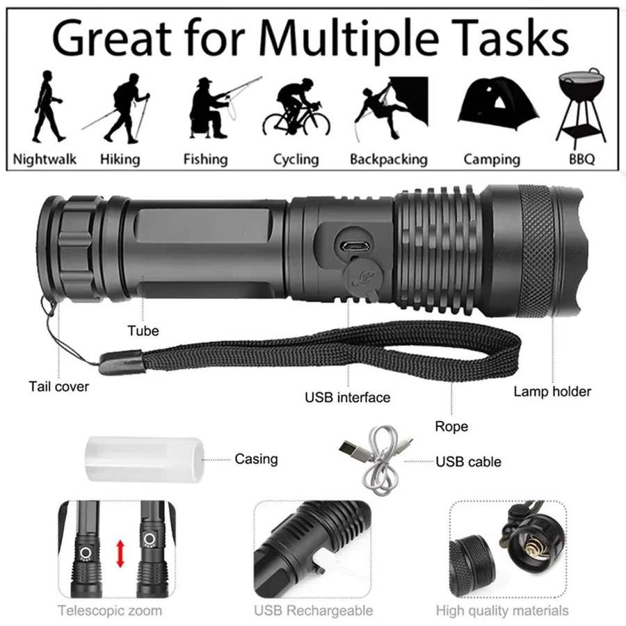ZPAA Hochleistungs-LED-Taschenlampe XHP70.2 in Schwarz, USB wiederaufladbare taktische Handlampe für Camping und Outdoor - Bild 3