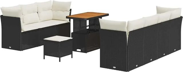 vidaXL 10-teiliges Garten Sofa Set aus Polyrattan und Akazie mit Kissen in Schwarz und Beige - Bild 1