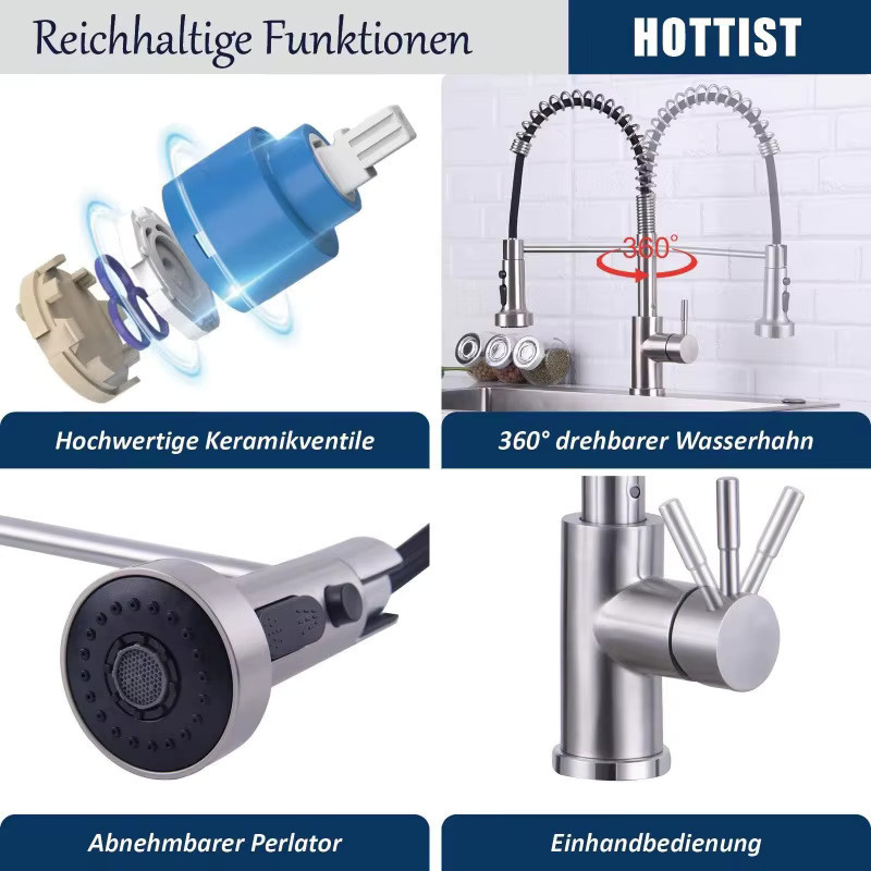 Küchenarmatur mit Feder aus gebürstetem Nickel, Einhebelmischer mit ausziehbarem Brausekopf und 360 Grad Schwenkarm für die Spüle, Montage auf der Arbeitsplatte - Bild 2