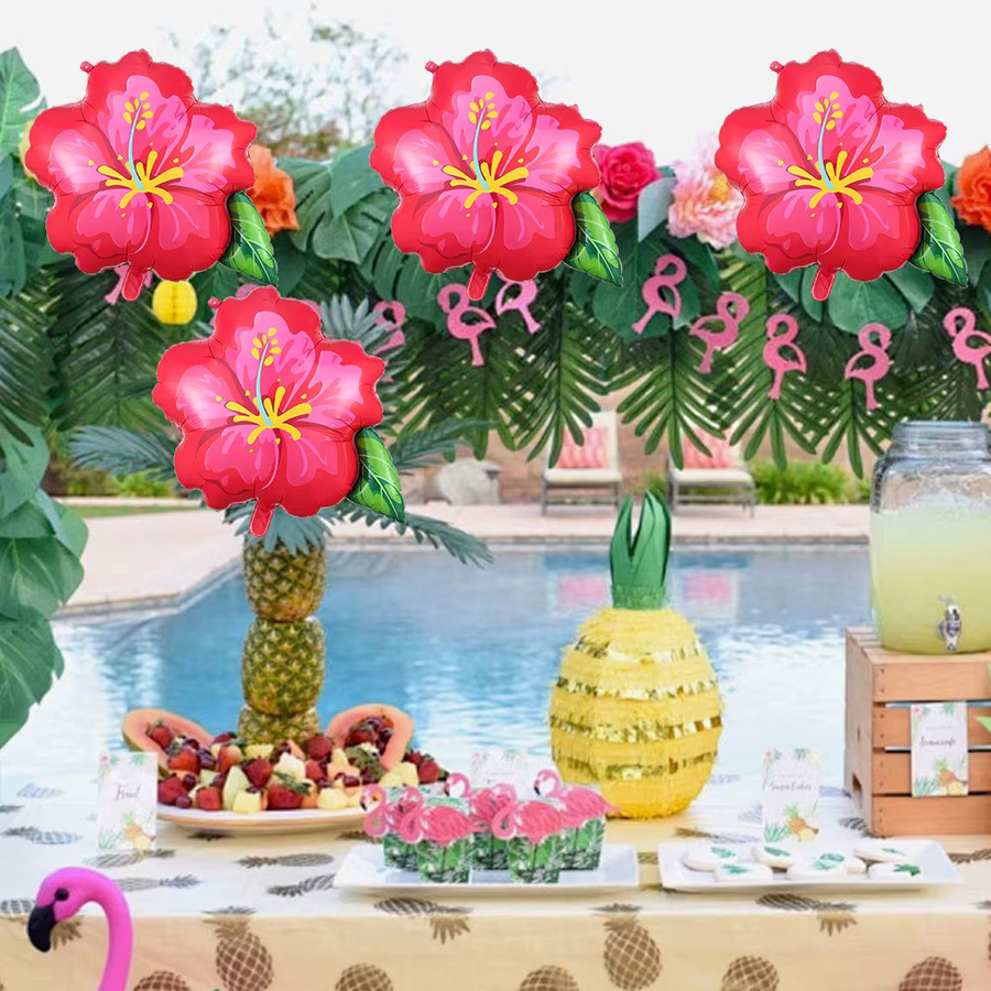 Hawaiianische Party-Dekoration mit Hibiskus-Blumen und tropischen Luftballons für Geburtstag, Hochzeit oder Strandpartys - Bild 2