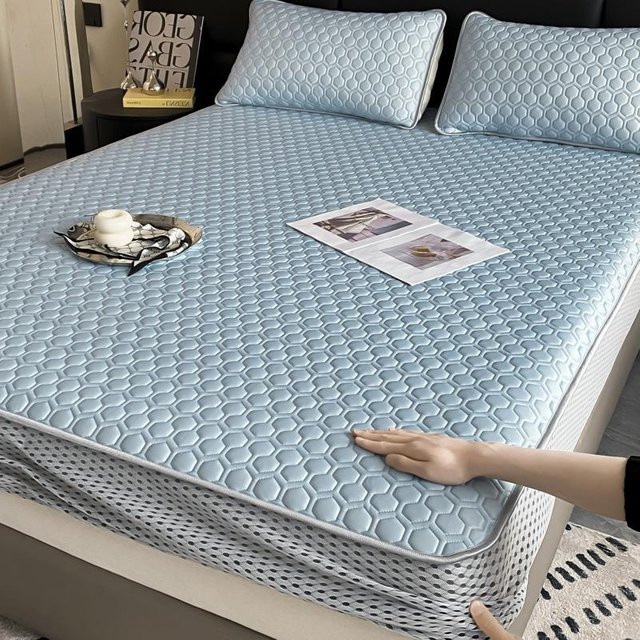 Yiran Furniture 3er Set Bettmatte aus Naturlatex mit Eisseide-Bezug und Kissenbezügen, blau, B/T/H: 200 x 180 x 3 cm - Bild 1