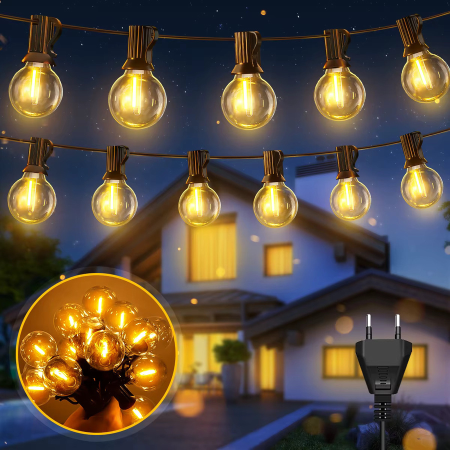 Aiopp G40 LED-Kugel-Lichterkette für den Außenbereich, wasserdichte Glaskugeln in Transparent, warmweißes Licht, verbindbare Hängelampe für Garten und Balkon, Schwarz - Bild 6