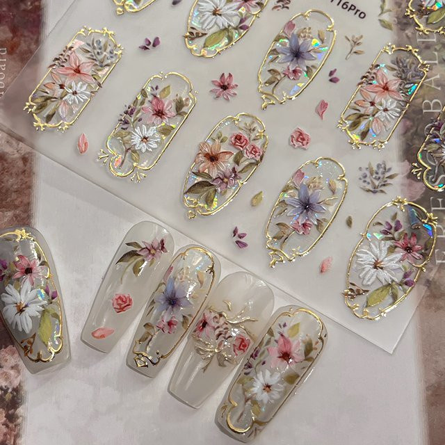 Rhstoe Nagelkunst-Aufkleber, Goldene Retro-Blumen, Glänzend - Bild 1