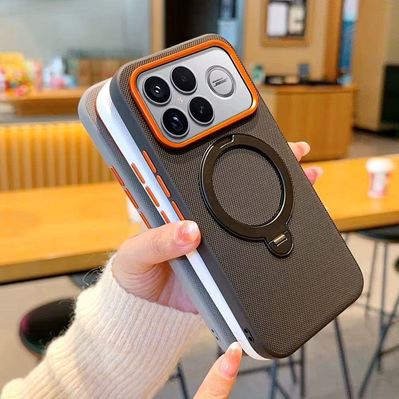 Stoßfeste Lederhülle mit Metall-Drehständer und Objektivrahmen für POCO F9 F8 Pro Ultra in Orange und Weiß - Bild 2