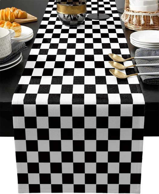 JINGYUE Pet Tischläufer aus Leinen in Schwarz-Weiß kariert, B/H: 150 x 33 cm - Bild 1