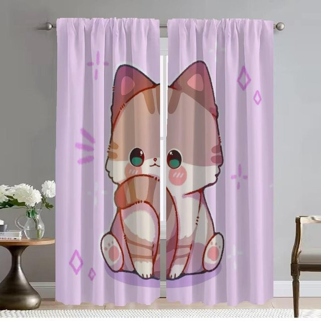 Küchenvorhänge mit Katzen-Motiv für Wohnzimmer und Küche, 2 Paneele, halbtransparent, Farbe: Pink, Breite: 50 cm, Höhe: 70 cm - Bild 1