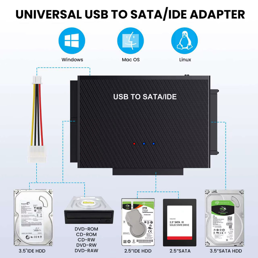 MZX USB 3.0 zu SATA IDE Konverter Adapter für 2,5 Zoll und 3,5 Zoll Festplatten, Schwarz - Bild 3