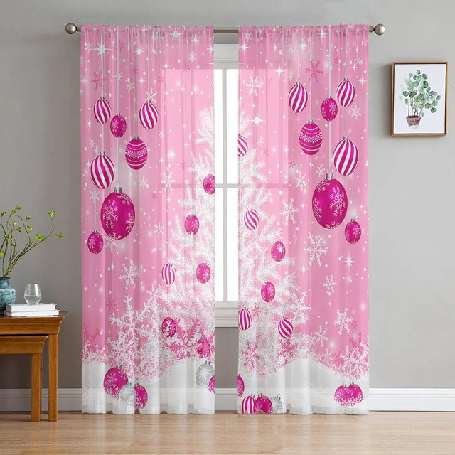 Transparenter Tüll-Vorhang mit Weihnachtskugel- und Schneeflocken-Motiv in Pink, Breite: 135 cm, Höhe: 115 cm - Bild 1