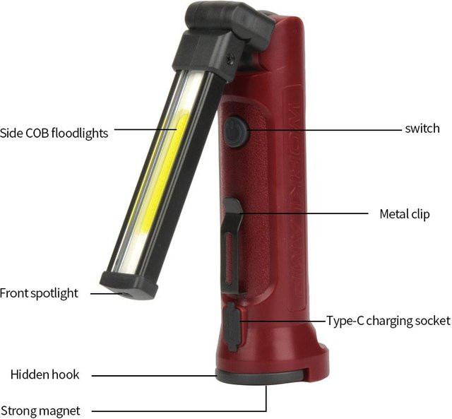 ESMARTER LED COB Arbeitslampe Rot, wiederaufladbare faltbare Taschenlampe mit 180 Grad Rotation, Magnet und Haken für Outdoor, Camping und Werkstatt - Bild 1
