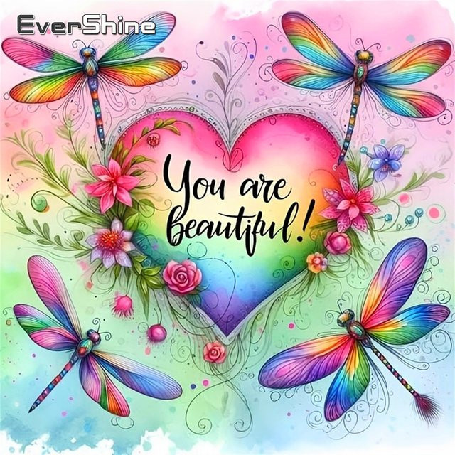 Evershine Diamant-Stickerei Landschaft mit Liebesherz und Libelle, Mosaik-Strass-Bild in Multicolour, B/T/H: 20 x 20 x 20 cm - Bild 1
