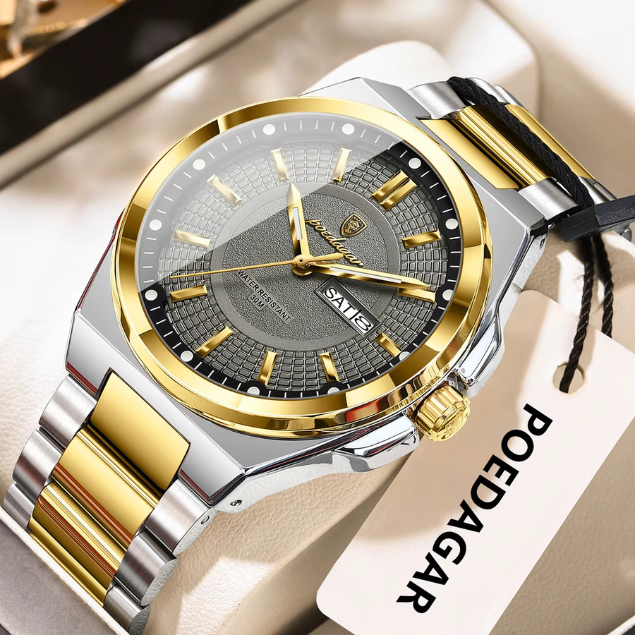 POEDAGAR Armbanduhr Edelstahl, Quarz, Silber, Herren, Datum, Wochentag - Bild 2