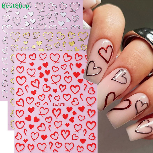 Herz-Nagelkunst-Aufkleber, 3D Selbstklebend, Metallic - Bild 1