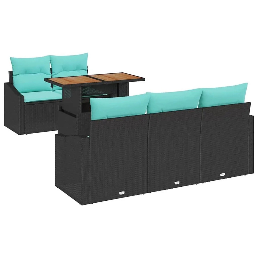 vidaXL Garten Essgruppe 6-teilig aus Poly-Rattan, Stahl und Akazienholz in Schwarz und Türkis mit Kissen - Bild 2