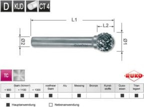 RUKO Hartmetall Frässtift Form D Kugel KUD in Silber, Durchmesser: 6,0 mm, Länge: min. 56 mm - Bild 1