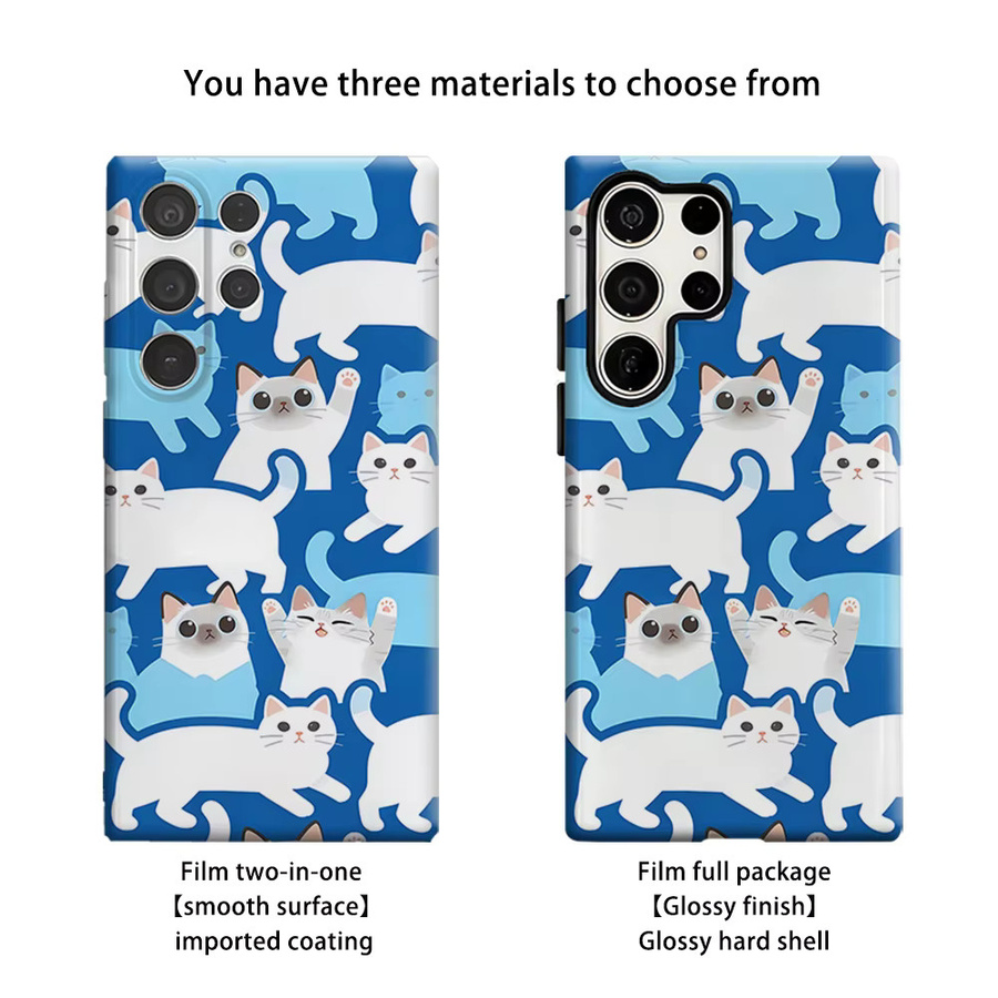 Stoßfeste Doppelschicht Handyhülle mit Katzen-Design für Samsung Galaxy S26 S25 S24 S23 Ultra Plus in Blau-Weiß - Bild 2