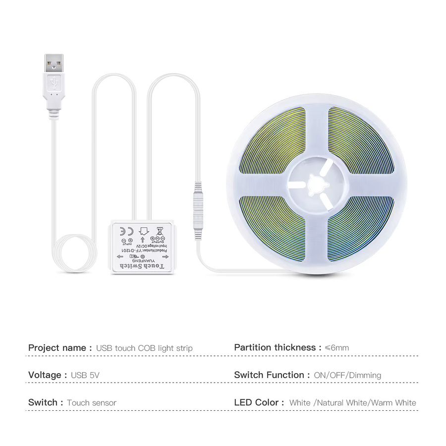 CHNAITEKE USB COB LED Streifen 5V mit Touch Sensor und dimmbarer Funktion für Make-up Spiegel aus Glas oder Acryl in Weiß - Bild 2