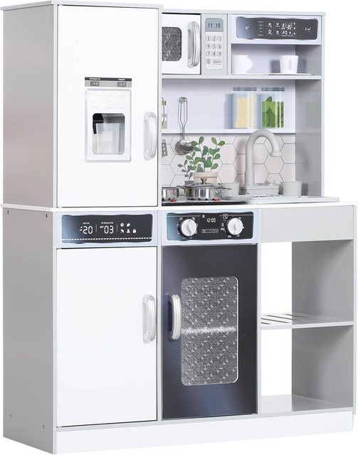 AIYAPLAY Kinderküche Spielküche mit Licht und Sound, Kochherd, fließendes Wasser, Kaffeemaschine, Kühlschrank und Mikrowelle, Weiß, B/H/T: 29,7 x 100,9 x 80 cm - Bild 3