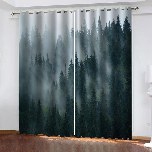 2er-Set semi-transparente Vorhänge mit Wald- und Flussmotiv in Grün, Breite: 60 cm, Höhe: 60 cm pro Stück - Bild 1