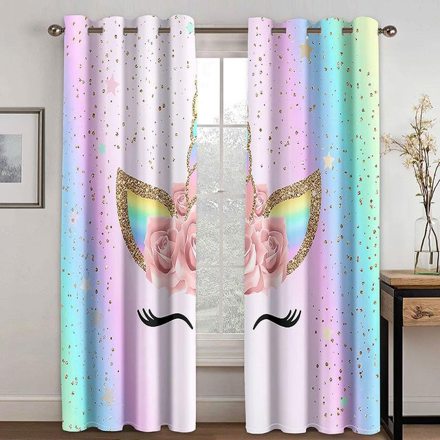 Yiran Furniture Regenbogenpferd Vorhang im 3D Cartoon Anime Stil, 2 Paneele, Mehrfarbig, Polyester, semi-transparent, Breite: 100 cm, Höhe: 130 cm - Bild 1