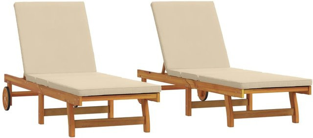 Set aus 2 Sonnenliegen von vidaXL aus Akazien-Massivholz in Braun mit beigen wetterfesten Kissen und Rollen - Bild 1