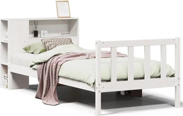 vidaXL Massivholzbett aus Kiefer mit Kopfteil und Regal, Weiß, B: 75 cm, L: 190 cm - Bild 1