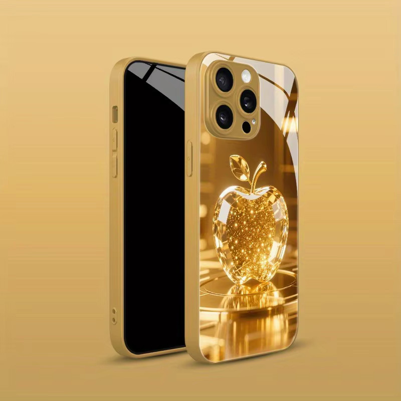Goldene iPhone Hülle mit Kristall-Design und Apple-Muster in Metallic-Optik für iPhone 11 bis iPhone 18 Pro Max Plus und 17Air 16E - Bild 3