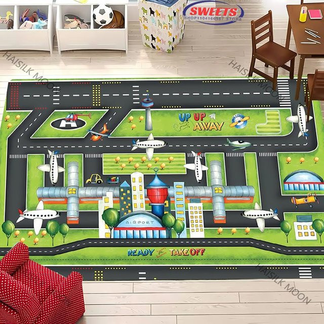 Miniso Dekorativer Teppich mit Flugzeug- und Flughafenthema für Kinderzimmer, Wohnzimmer oder Schlafzimmer, Mehrfarbig, B: 90 cm, T: 60 cm - Bild 1