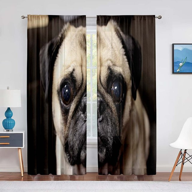 Transparente Mops Welpen Voile Vorhänge aus Chiffon mit Grafik-Print, Super Six, Breite: 100 cm, Höhe: 250 cm - Bild 1