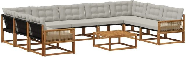 vidaXL Outdoor-Sofagarnitur in U-Form aus massivem Akazienholz mit 10 Kissen in Natur und Hellgrau - Bild 1