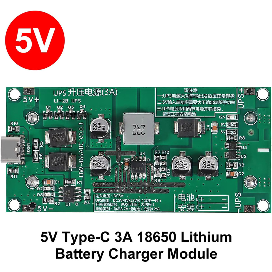 AOKIN 18650 Lithium-Batterie-Ladegerät-Modul mit DC-DC-Aufwärtswandler, 15 W, 3 A Schnellladung, USV-Funktion und USB-C Anschluss, Farbe: Grün - Bild 4