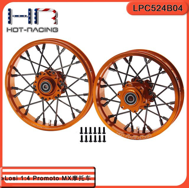 Hot Racing Aluminiumlegierungsräder für Losi 1:4 Promoto MX, Zubehör, Metall, Schwarz, Orange - Bild 1