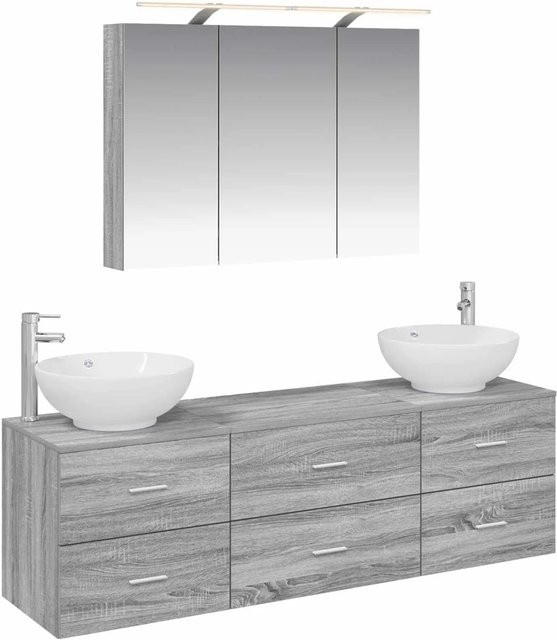 vidaXL Badezimmermöbel-Set 4-teilig in Grau, modern gestaltet aus Ingenieurholz und Glas mit LED-Beleuchtung und Spiegelschrank - Bild 1