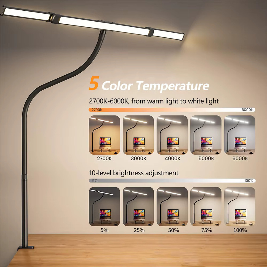 Augenschonende Architektenlampe mit 3 Köpfen in Schwarz, flexible Tischlampe mit Klemme und USB-Anschluss für Home Office und Büro - Bild 2
