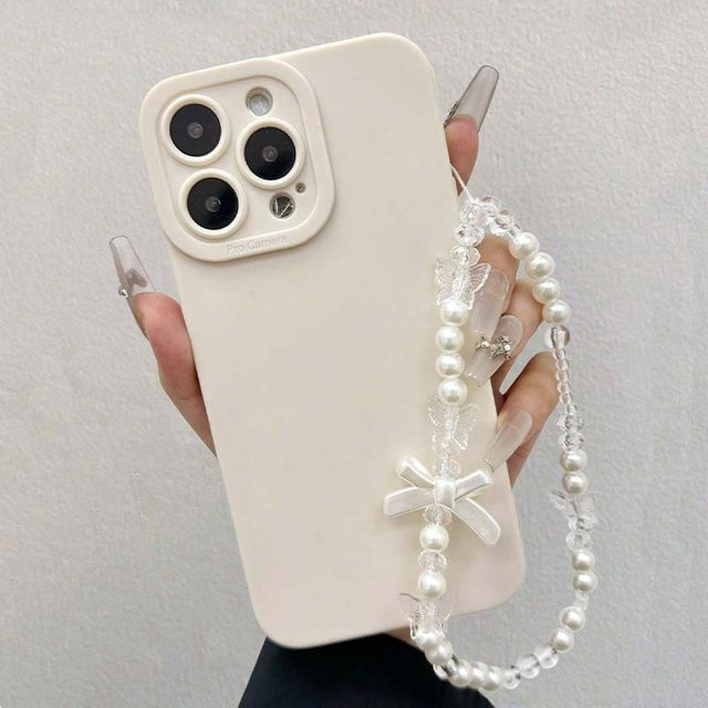 Weiße Perlen Handyhülle mit Bowknot Lanyard für Apple iPhone 11 bis 17 Pro Max, stoßfestes Softcover - Bild 1