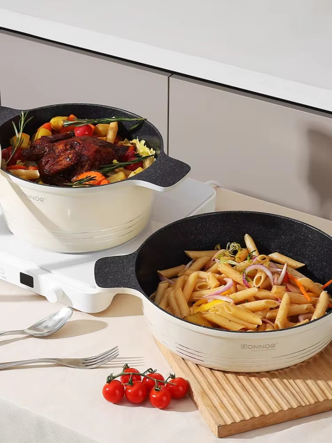 DONNOR Kochgeschirr Set aus Aluminium und Keramik mit Antihaftbeschichtung, 15-teilig, Schwarz/Weiß, inklusive Bratpfannen, Suppentöpfen und Deckeln - Bild 5