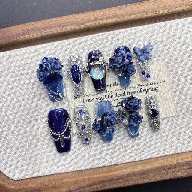 OEING Deep Blue Dream Court Press On Nails, 3D Rose, schimmernd - Bild 1