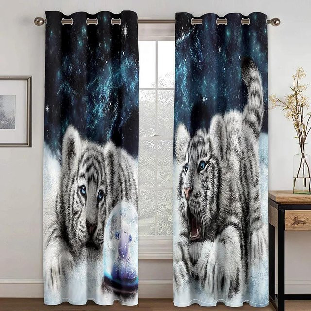 Zwei dekorative Kinderzimmer Vorhänge mit 3D Digitaldruck Tier-Motiv Löwe und Tiger, halbtransparent, Polyester, Mehrfarbig, B: 60 cm, H: 100 cm - Bild 1