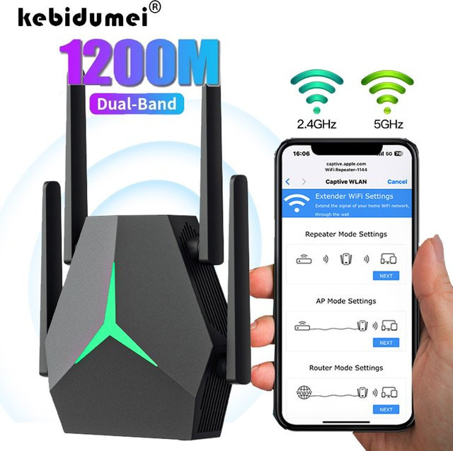 Kebidumei Dual-Band WiFi Repeater Booster 1200Mbps 2,4G/5GHz WLAN Signal Verstärker in Schwarz - Bild 1