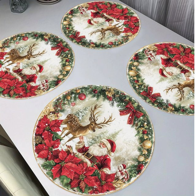 VIKAMA 4er Set Weihnachts Tischsets rund in Rot mit Weihnachtsmann- und Rentier-Motiv, wasserdicht und hitzebeständig - Bild 1