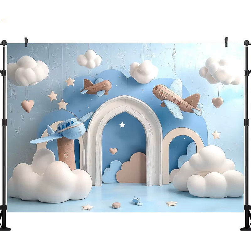 LS Fotografie Hintergrund Um die Welt mit Flugzeug für Kindergeburtstage und Babypartys in Blau - Bild 2