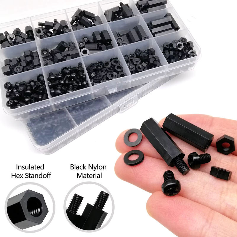 HZYUEGOU Nylon Abstandshalter Set aus schwarzem Kunststoff mit Sechskantsäulen, Schrauben, Muttern und Unterlegscheiben in den Größen M2, M2,5, M3 und M4 - Bild 2
