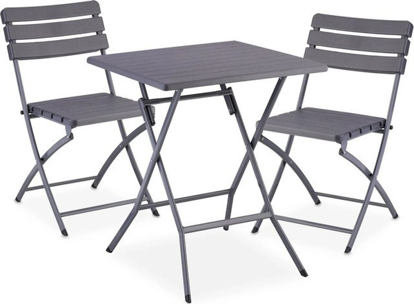 Relaxdays Balkonmöbel Set dreiteilig aus Stahl und Kunststoff in Grau mit Holzoptik, klappbar für Garten und Terrasse, B/T/H: 74 x 61 x 61 cm