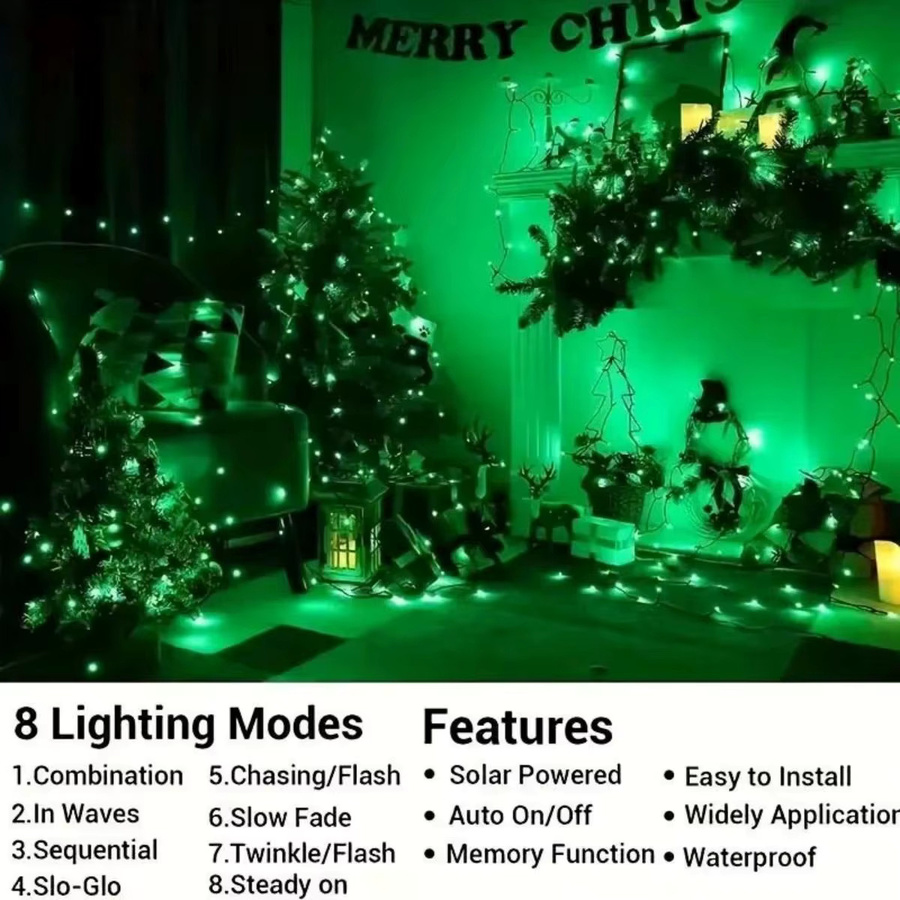 Solarbetriebene LED Lichterkette in Grün mit 8 Beleuchtungsmodi, wasserfeste Außendekoration für Garten, Party und Halloween - Bild 5