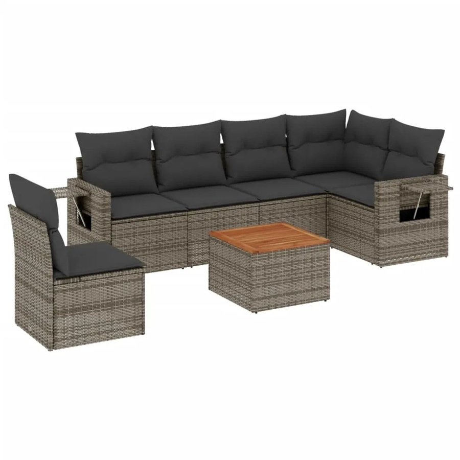 vidaXL 7-teilige Garten-Sofagarnitur aus Poly-Rattan und Akazienholz mit Kissen in Grau - Bild 2