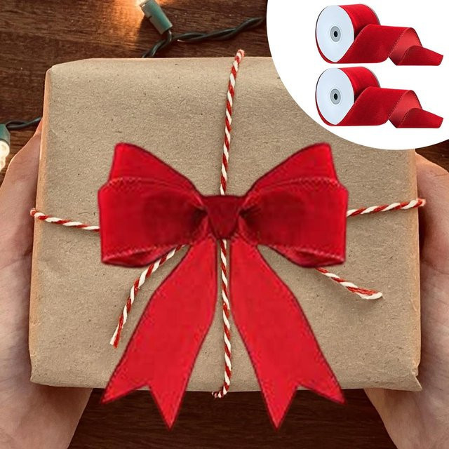 Weihnachtsband Set in Rot mit Sternen-Motiv, 2 Rollen à 10 Yards zur Dekoration von Kränzen und Geschenken - Bild 1