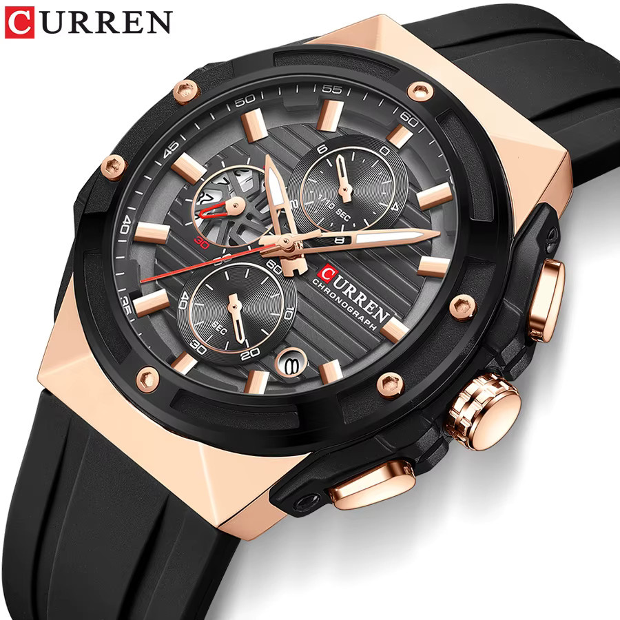 CURREN Chronograph Armbanduhr, Quarz, Edelstahl, Silikon, Schwarz, Herren - Bild 3